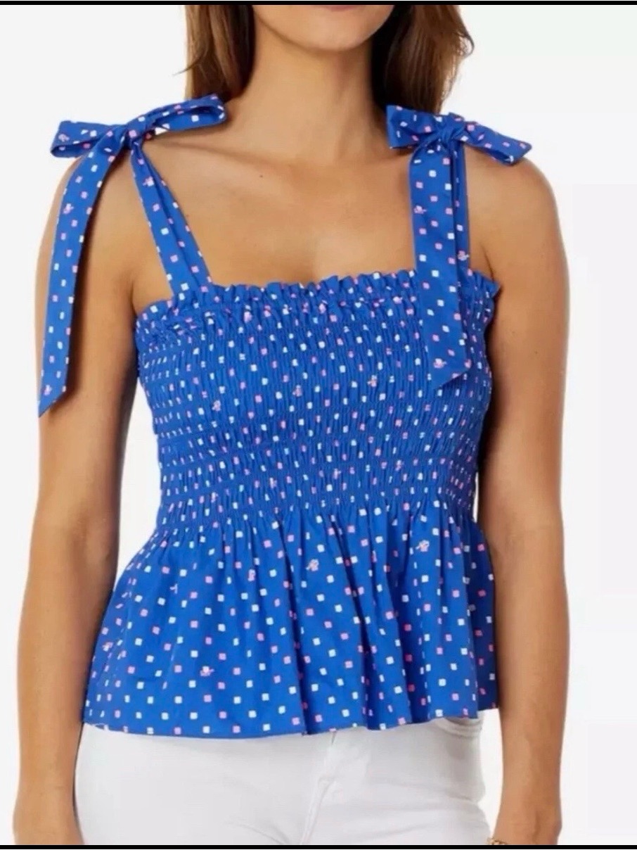 Lilly Pulitzer Borealis Blue Squared Riviera Smocked Tank Top Medium